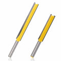 2 long straight router bits with yellow double-flute cutters and silver metal shanks