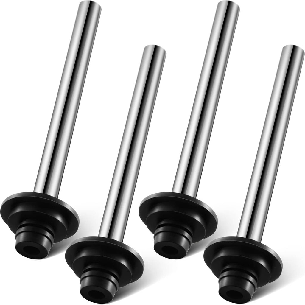 Set of four sink overflow pipes, silver stainless steel with black rubber bases