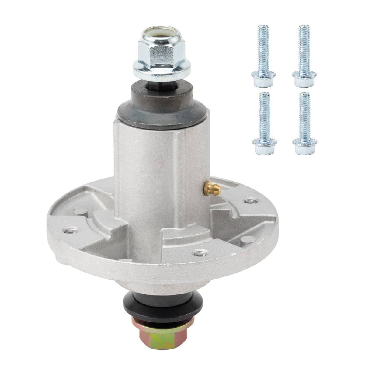 Spindle base with threaded cap, central stud, and included screws