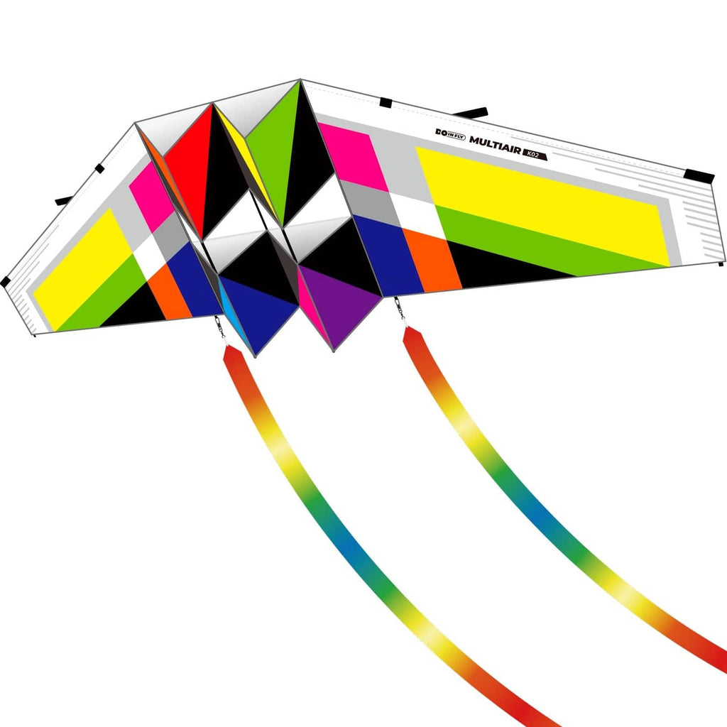 Triangular-shaped multicolor kite with colorful panels and long ribbon tail streamers