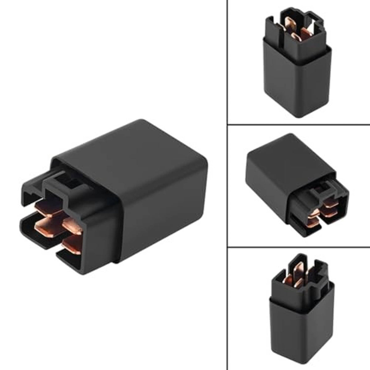 Automotive 4-pin relay with black case and visible copper terminals, angled view