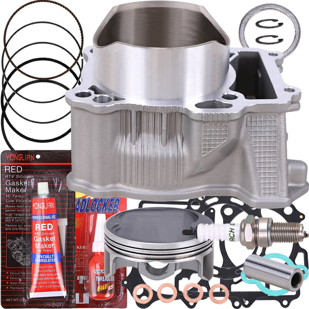 Aluminum big-bore cylinder with piston and included gasket set, silver gray