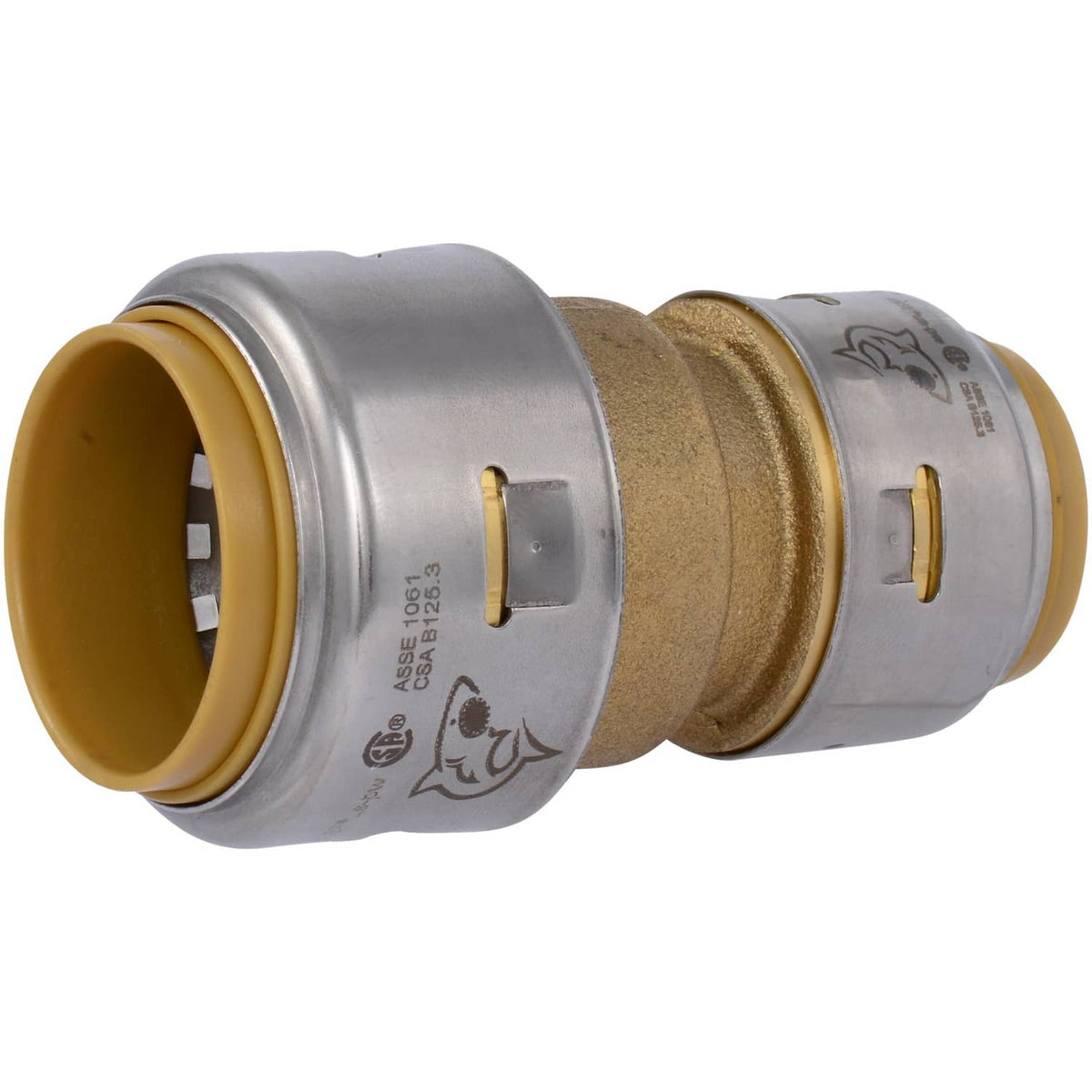 Brass push-to-connect reducing coupling with silver collar and dual push-in ports