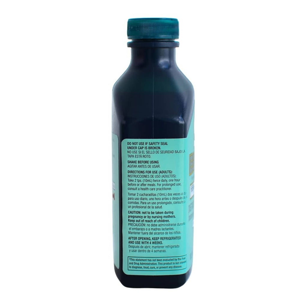 Essiac tincture bottle, side panel text on dark bottle with teal label and green cap