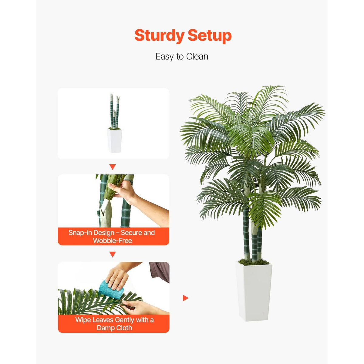 Faux palm tree with green fronds, striped trunks, and white pot for indoor decor