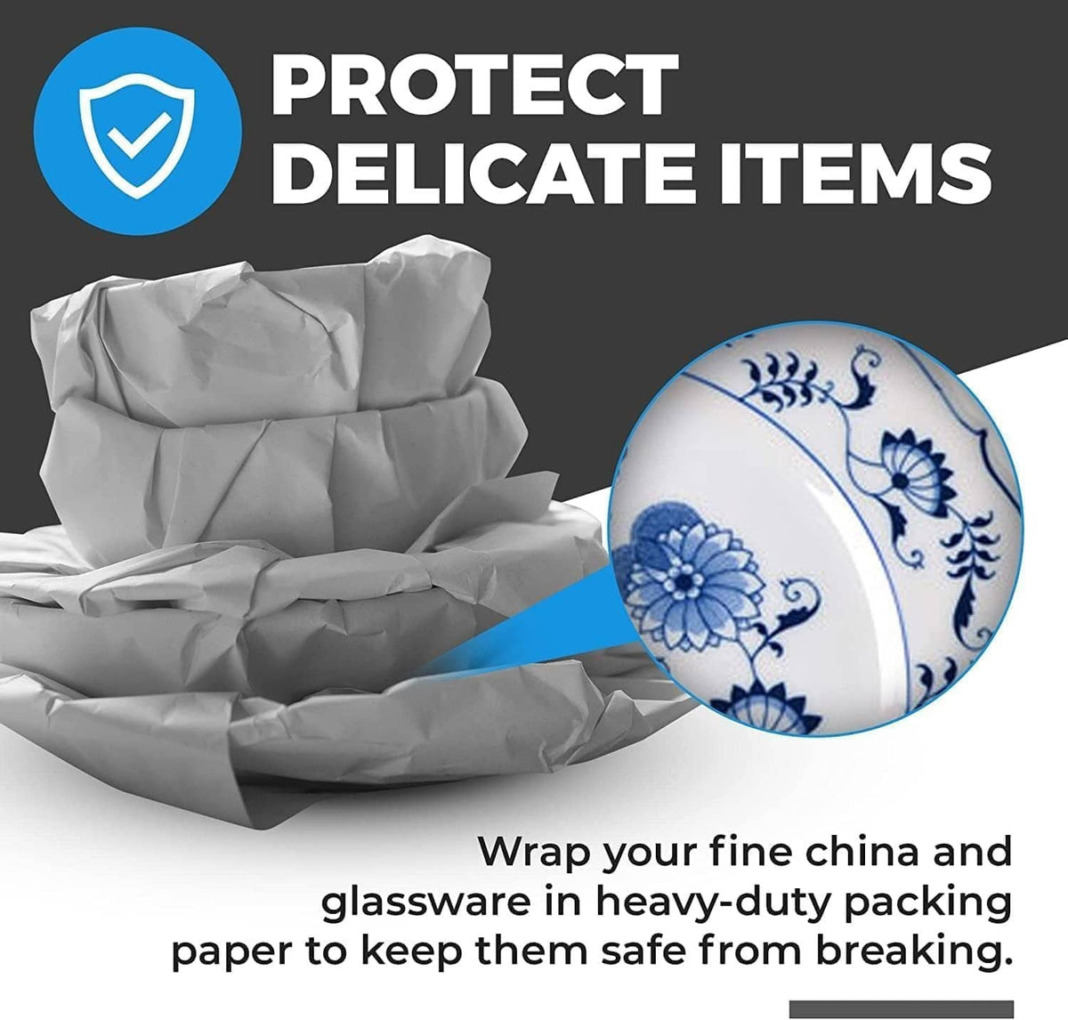 Crumpled white packing paper used to wrap and protect a decorative plate