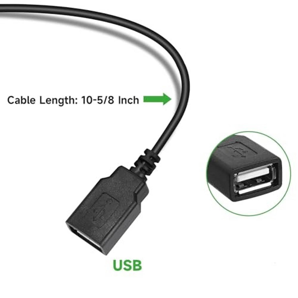 USB output DC converter adapter with 10–5/8 in cable and black housing