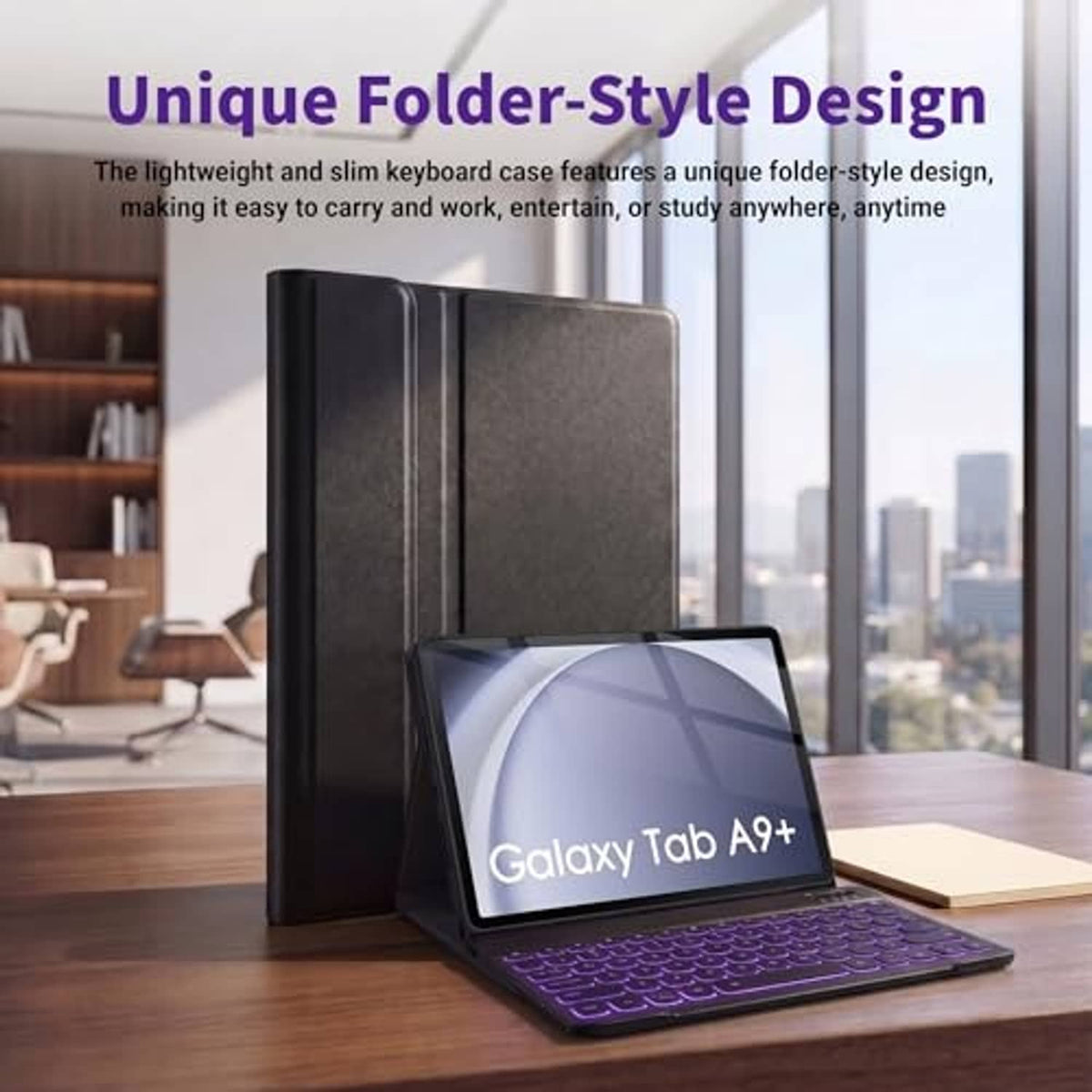 Black folder-style tablet keyboard case with purple backlit keys and stand