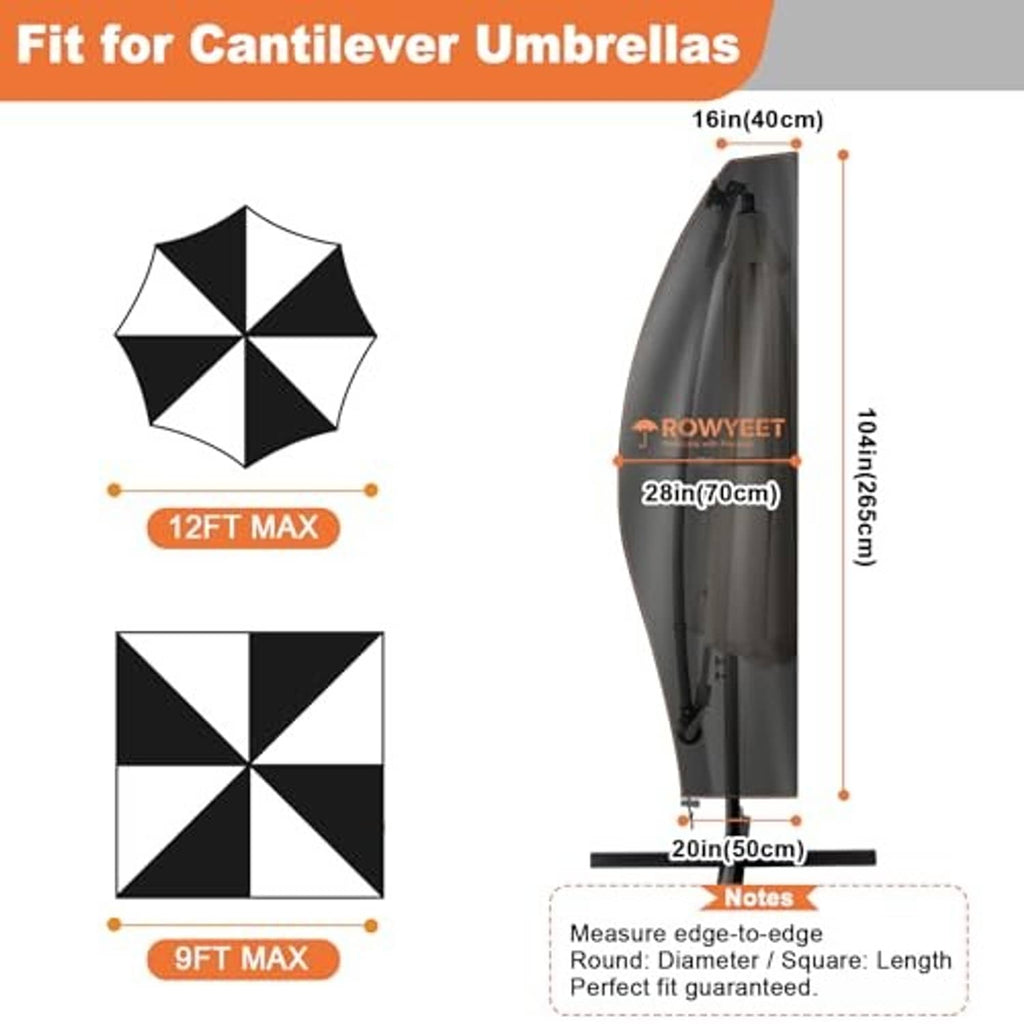 Cantilever umbrella cover fit and size guide diagram with maximum dimensions