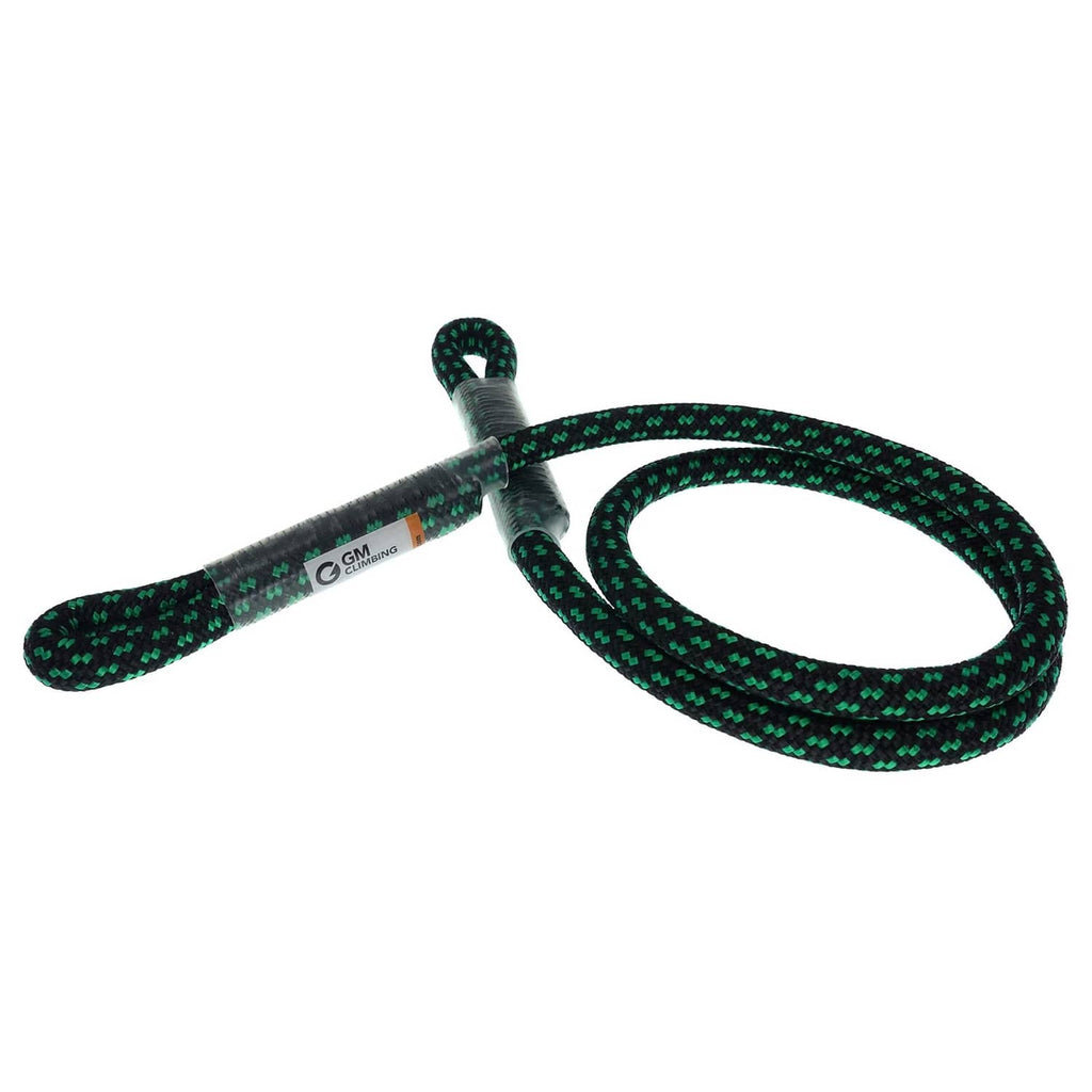Green double-braid prusik loop with sewn-eye end, looped braided cord