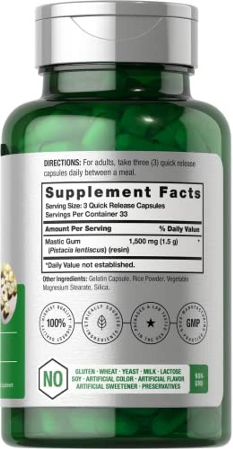 Mastic gum supplement bottle with Supplement Facts panel and serving details