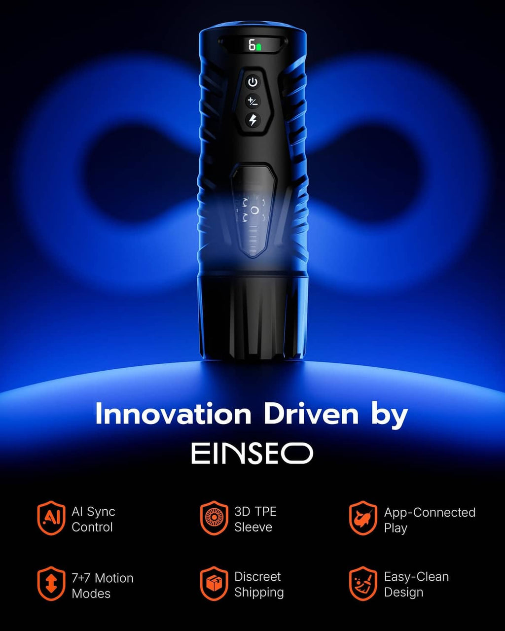 Black automatic male masturbator with buttoned handle and rotating chamber opening