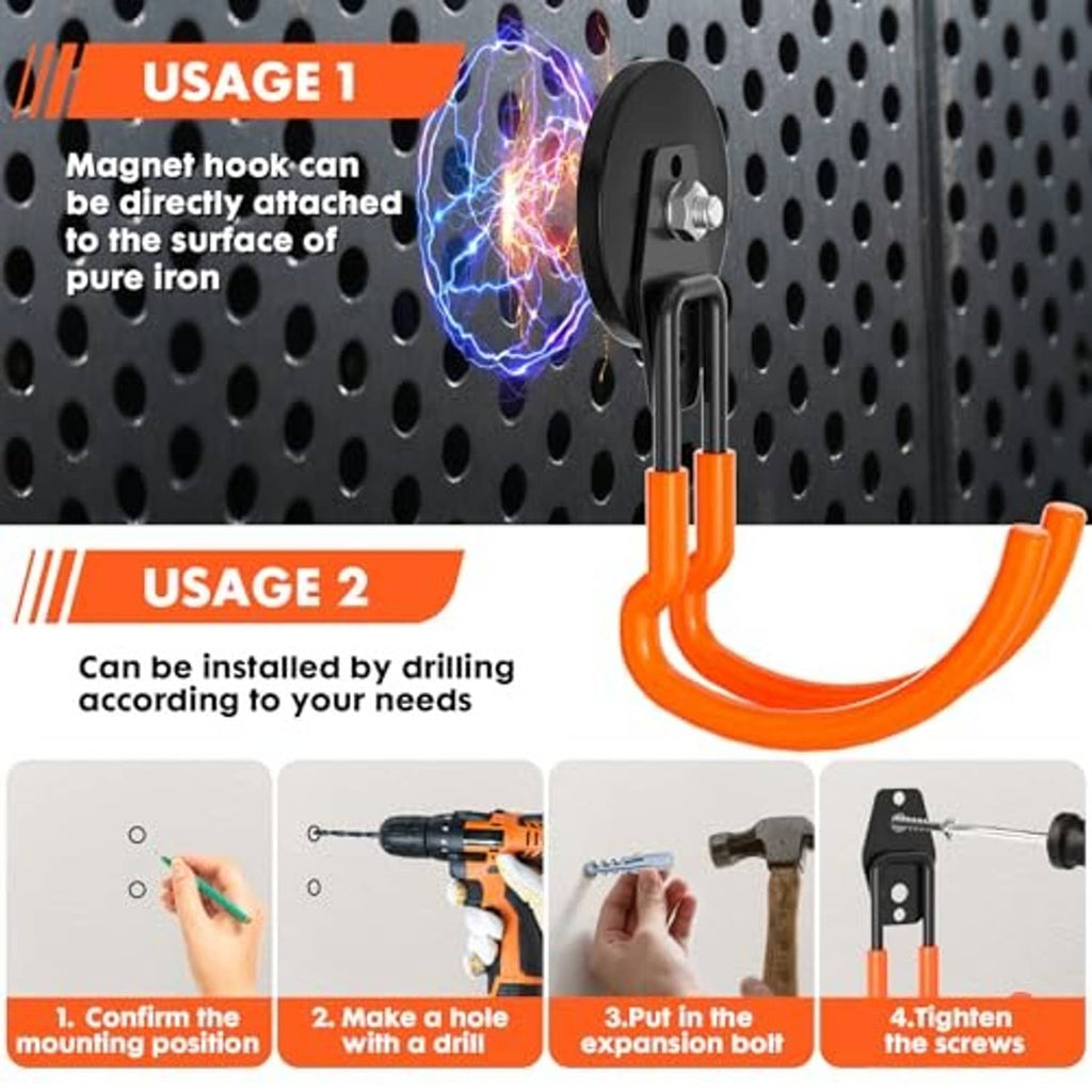Magnetic utility hook with black magnet backplate and orange curved U hanger