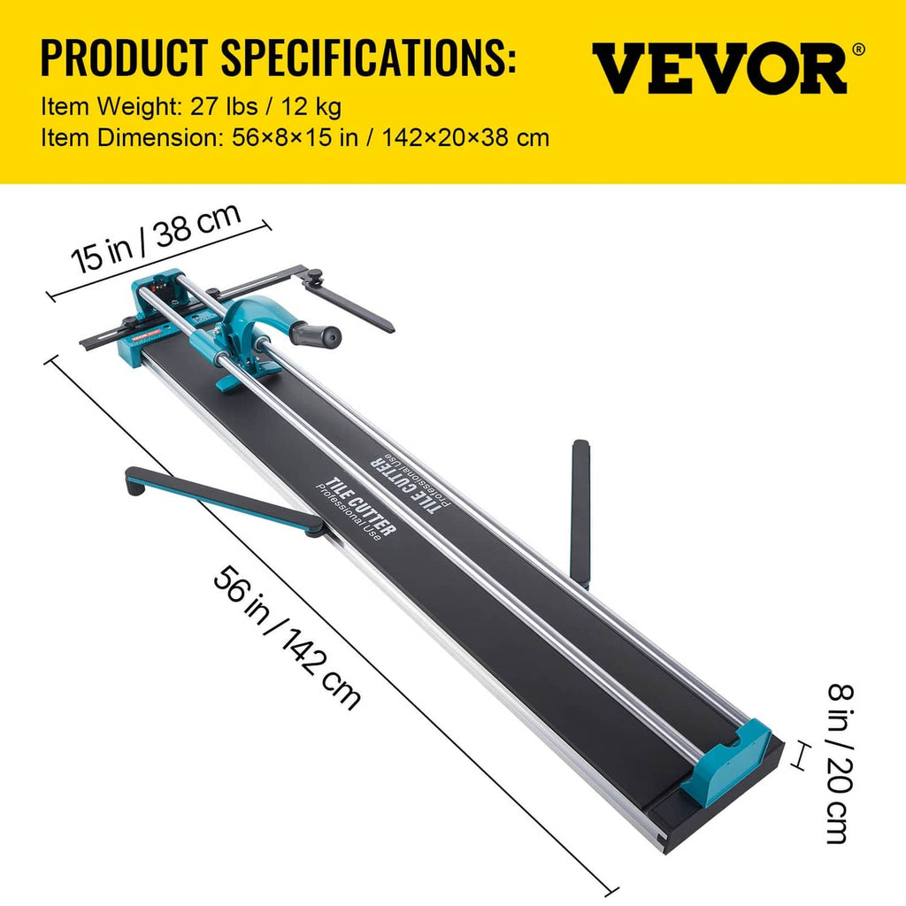 Manual tile cutter with teal handle and long cutting rails for large tiles