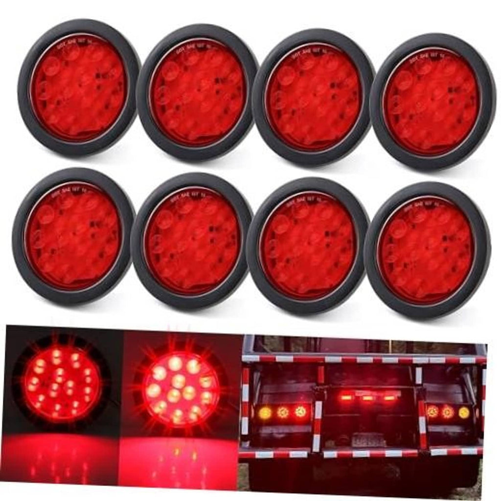 Set of 8 round red LED trailer tail lights with black bezel, 4-inch style