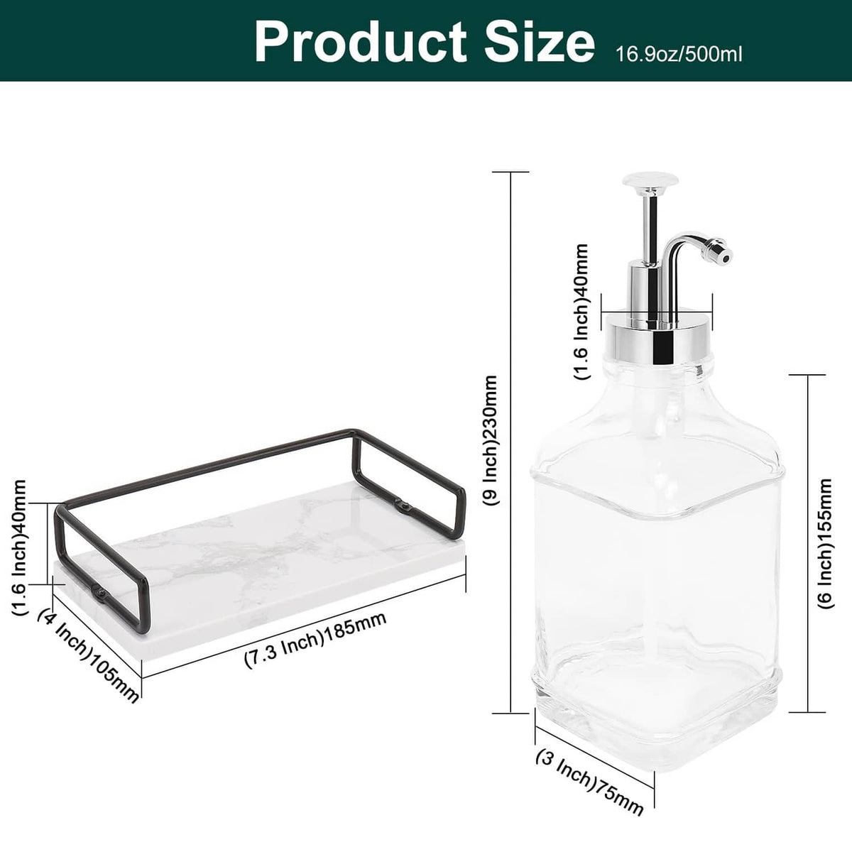 Clear glass bottle with chrome pump, height and base tray size markings