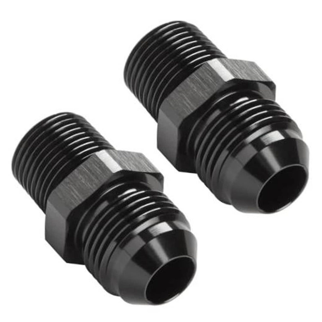 Black straight AN flare to 3/8 NPT male pipe fittings, pair, with ribbed threads