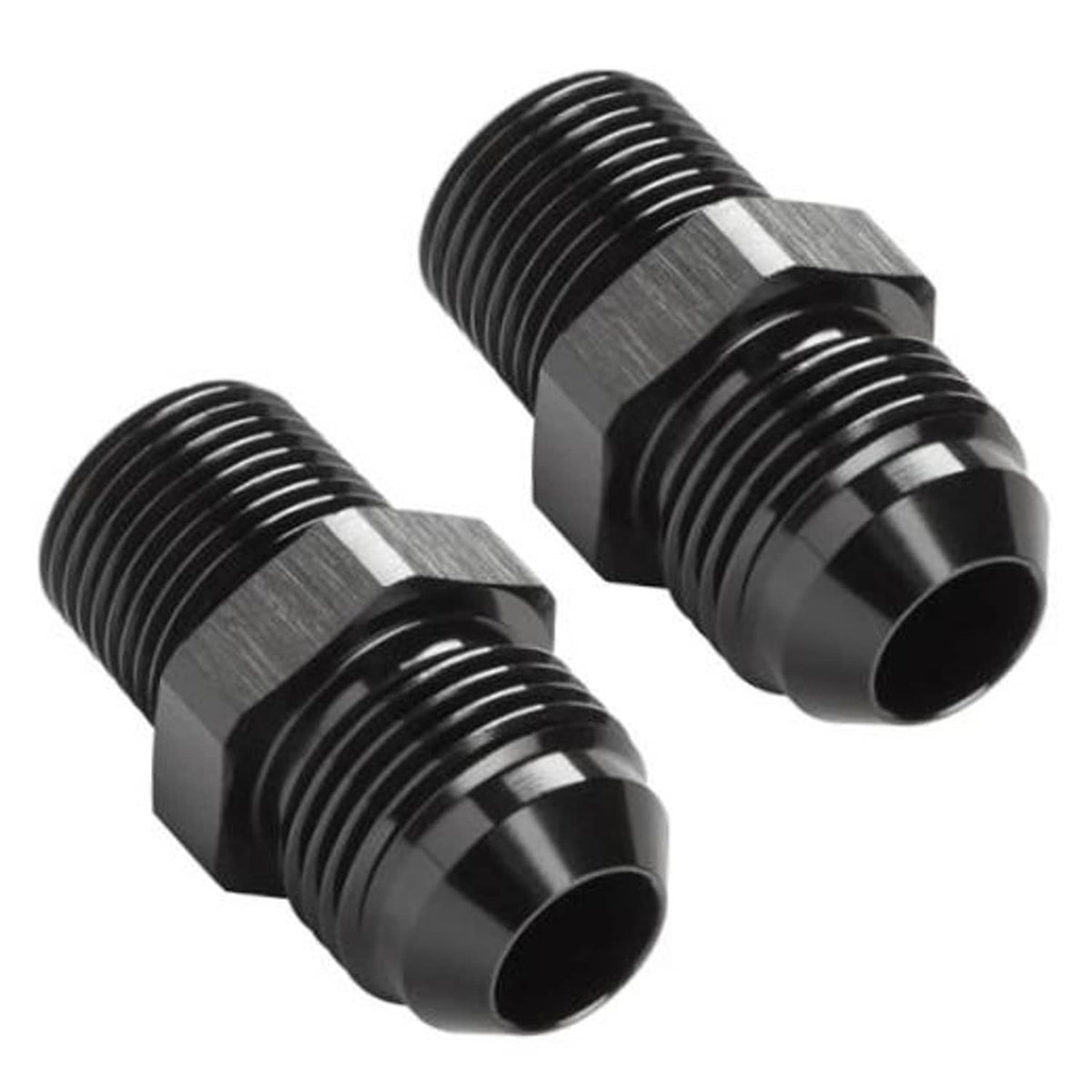 Black straight AN flare to 3/8 NPT male pipe fittings, pair, with ribbed threads
