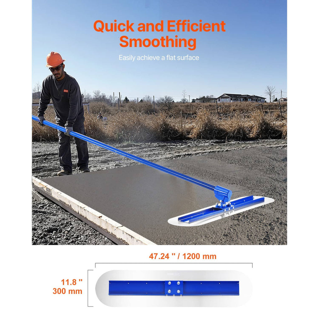 Concrete bull float leveling tool with blue frame and scraper bar on slab