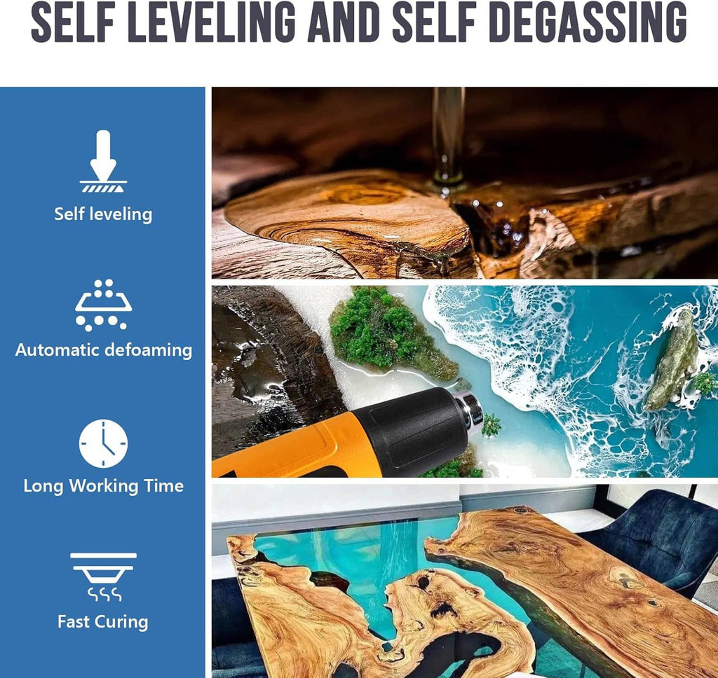 Epoxy resin kit infographic showing self-leveling, self-degassing, and curing benefits