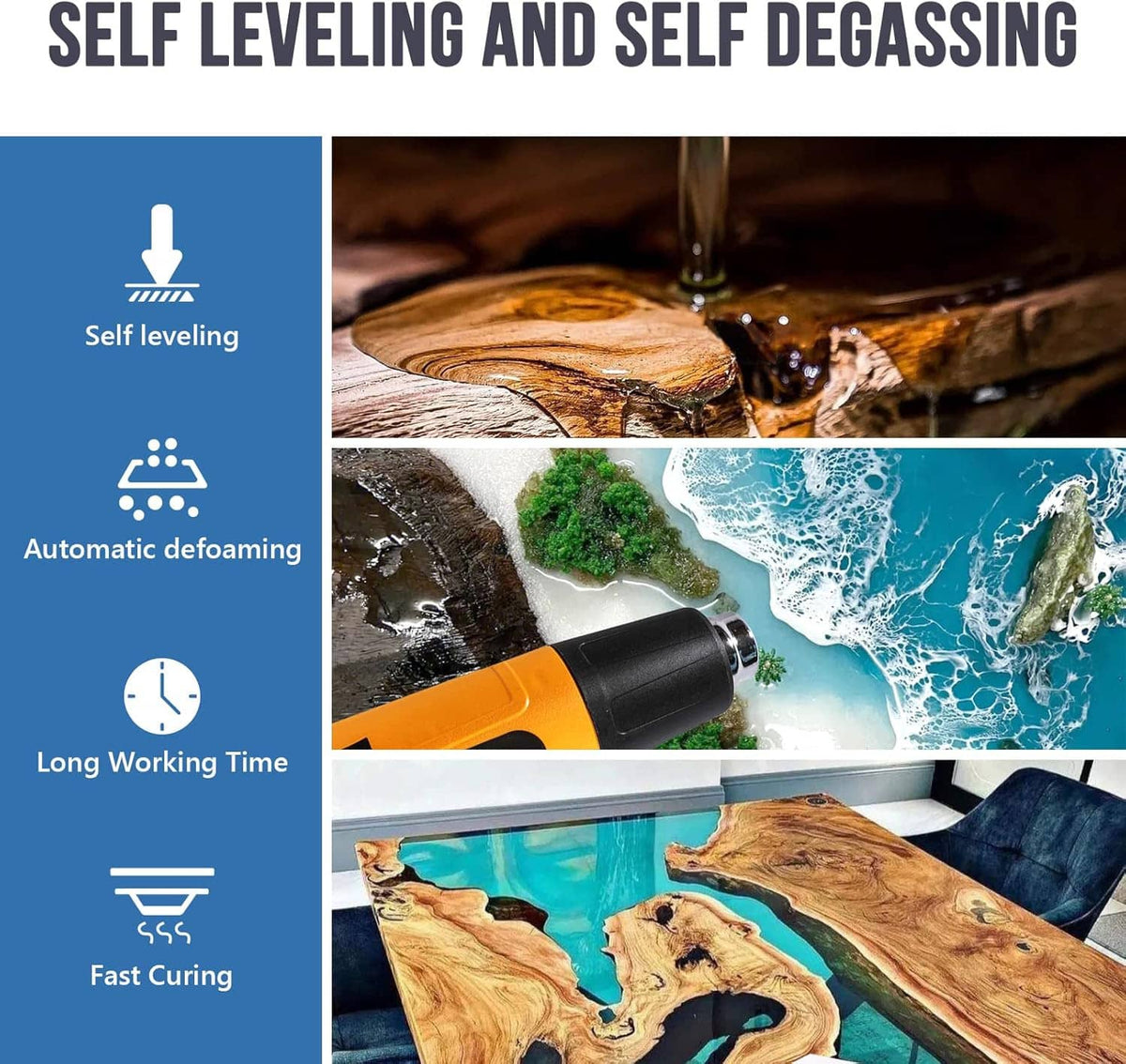 Epoxy resin kit infographic showing self-leveling, self-degassing, and curing benefits