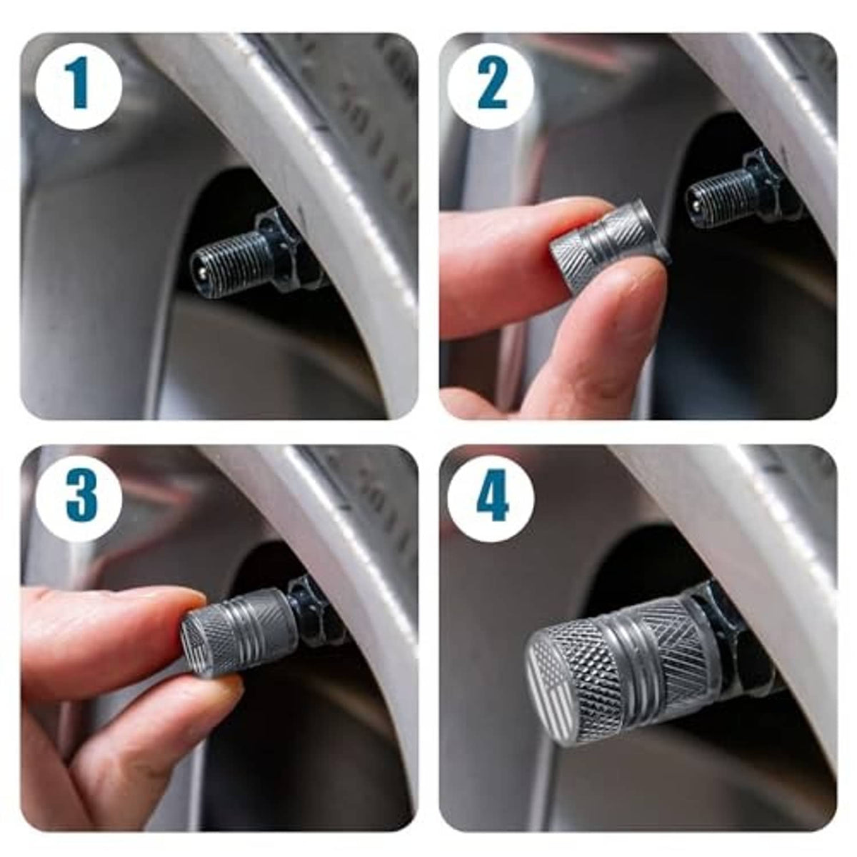 Grey valve stem cap being installed on a black tire valve stem, textured knurled body
