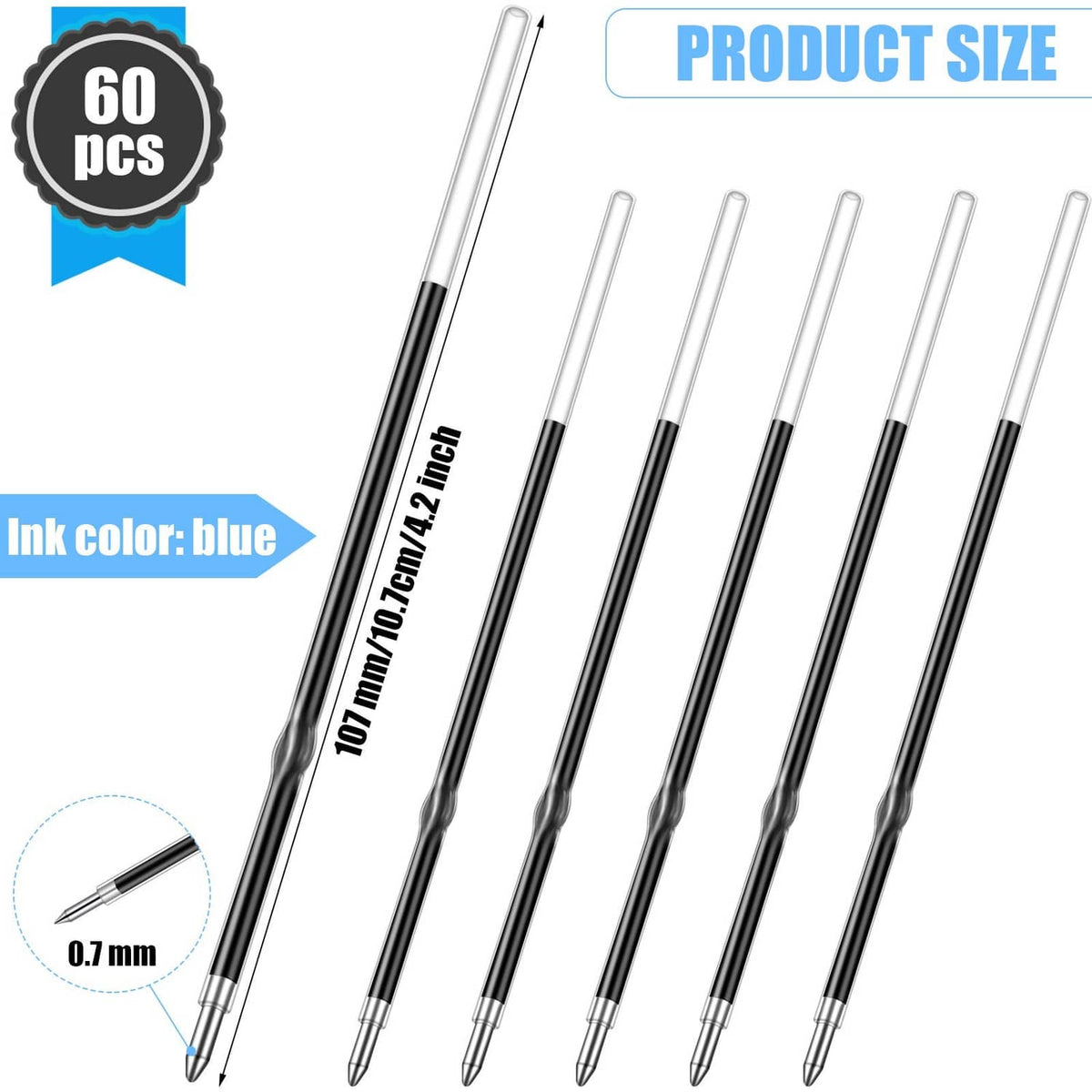 Retractable pen refills 0.7 mm, black barrels with clear tips, blue ink, 60 pcs