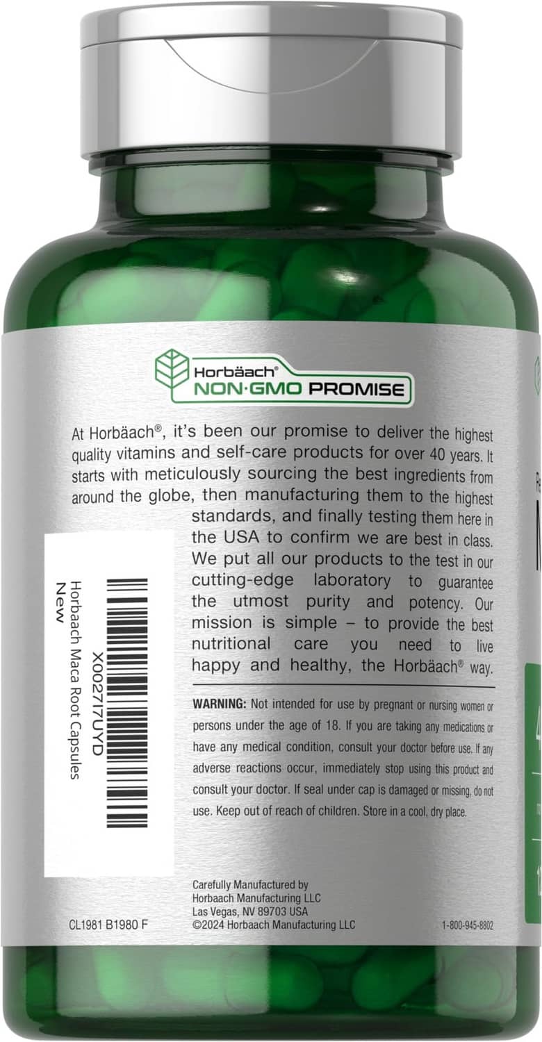 Horbäach maca root capsules bottle, back label visible