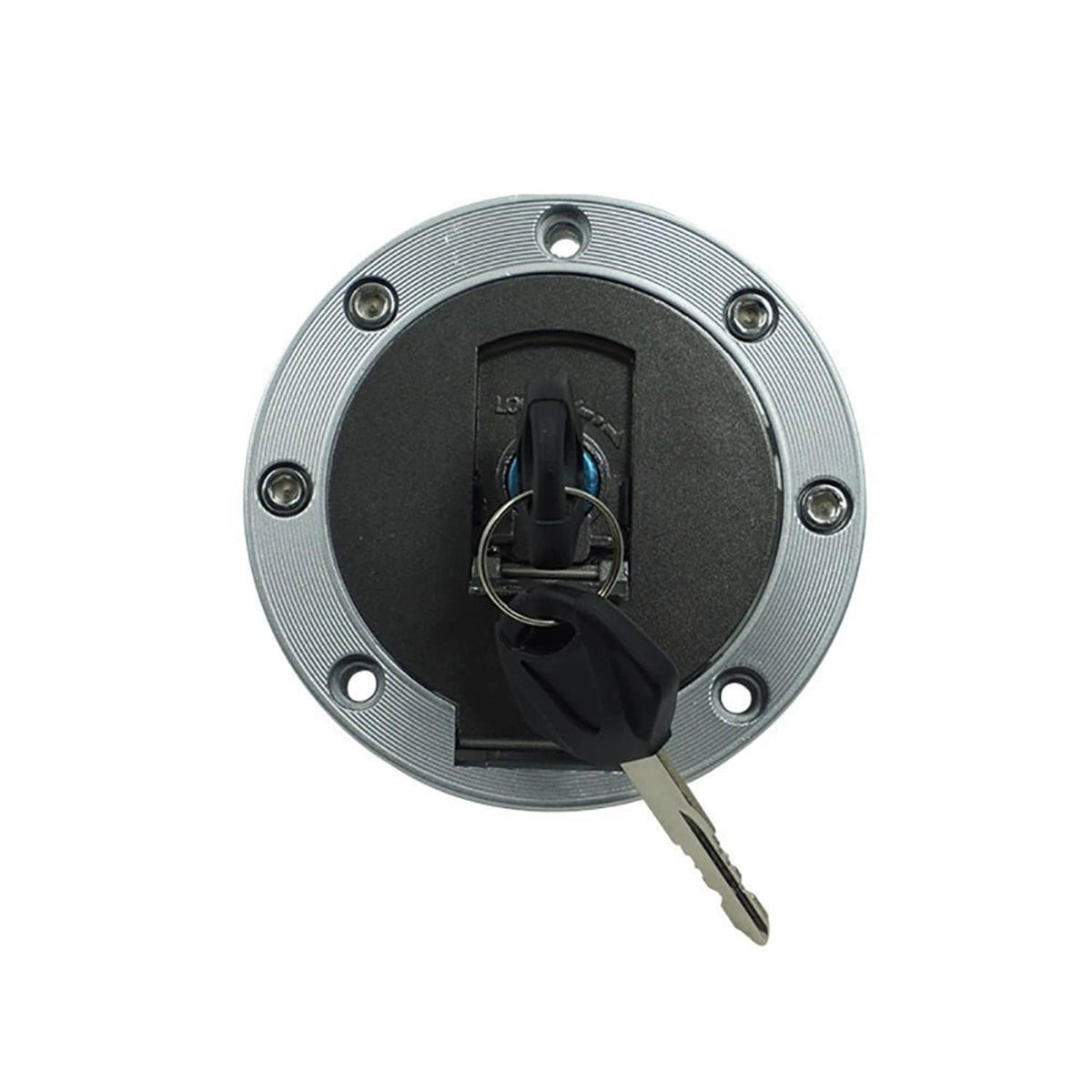 Round ignition lock cylinder plate with key slot and mounting holes