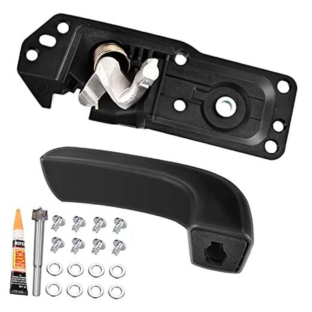 Black interior door handle with mounting bracket and latch assembly, front left driver side