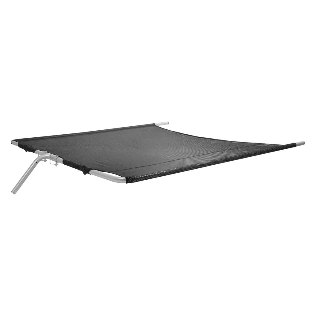 Rectangular boat sun shade with dark gray mesh and silver aluminum support arms