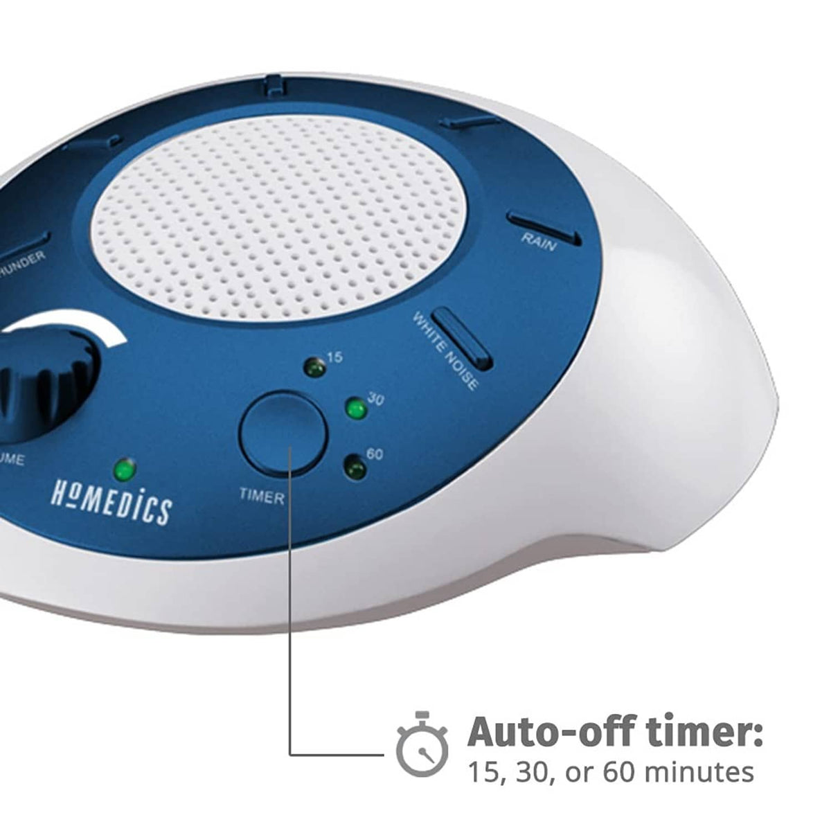 Blue and white sound machine control panel with speaker grille and timer dial