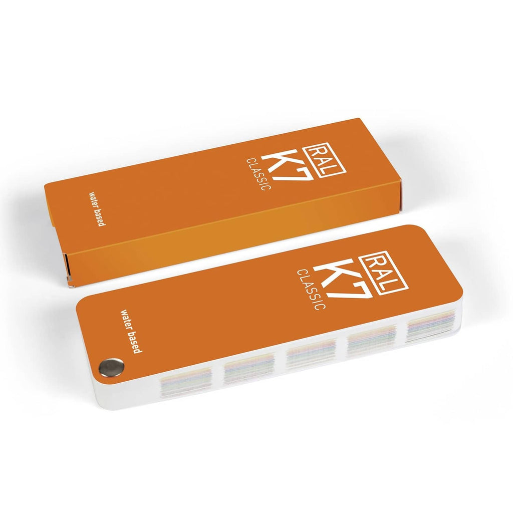 Orange RAL K7 Classic gloss color swatch boxes with printed labels