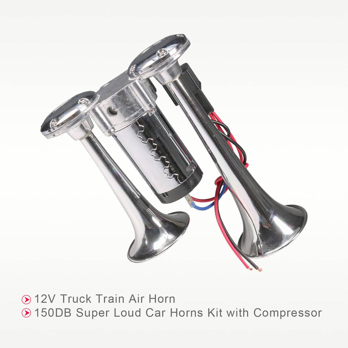 Chrome dual trumpet air horn with two horn bells and red and blue wire leads
