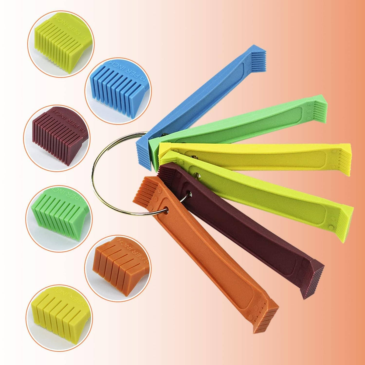 Multicolor condenser fin comb tools with metal comb heads and green/yellow/blue hoop.