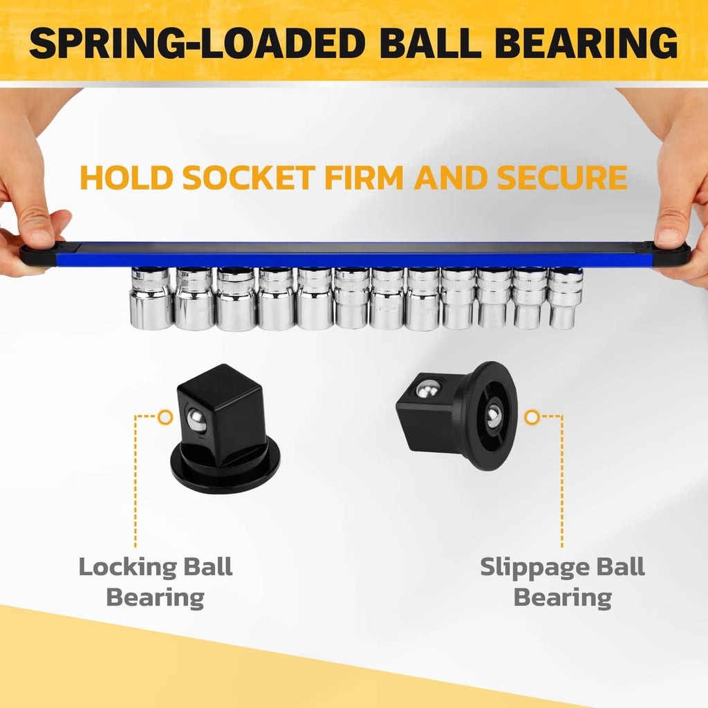 Magnetic socket and bit rail showing spring-loaded ball bearing retention