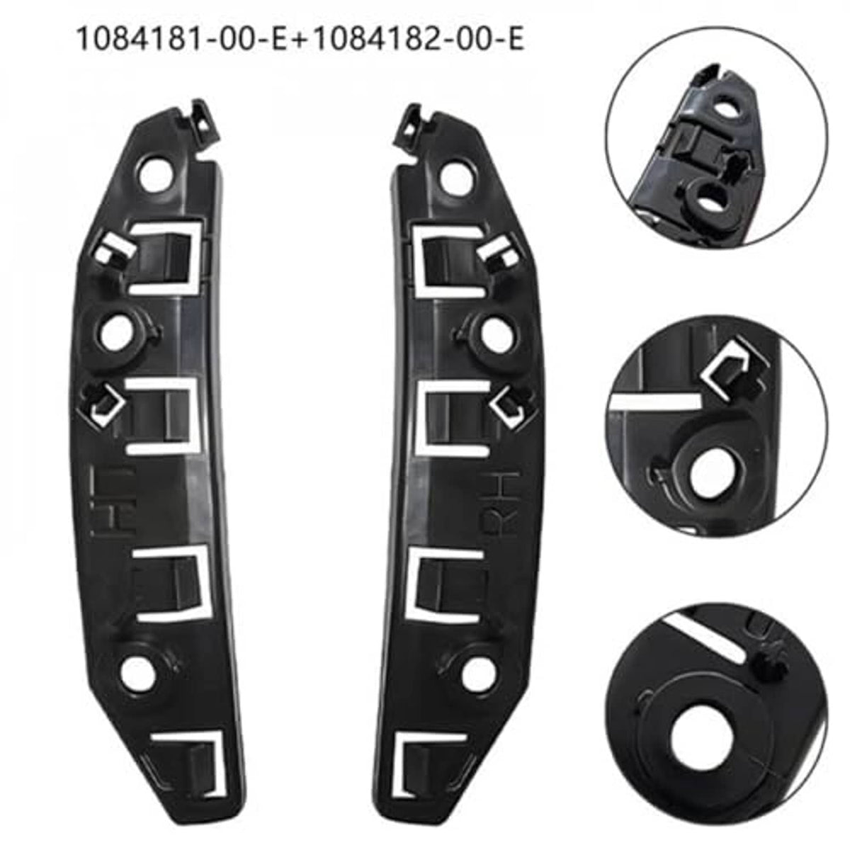 Front bumper bracket retainers, black plastic pair with connector tabs and mounting holes