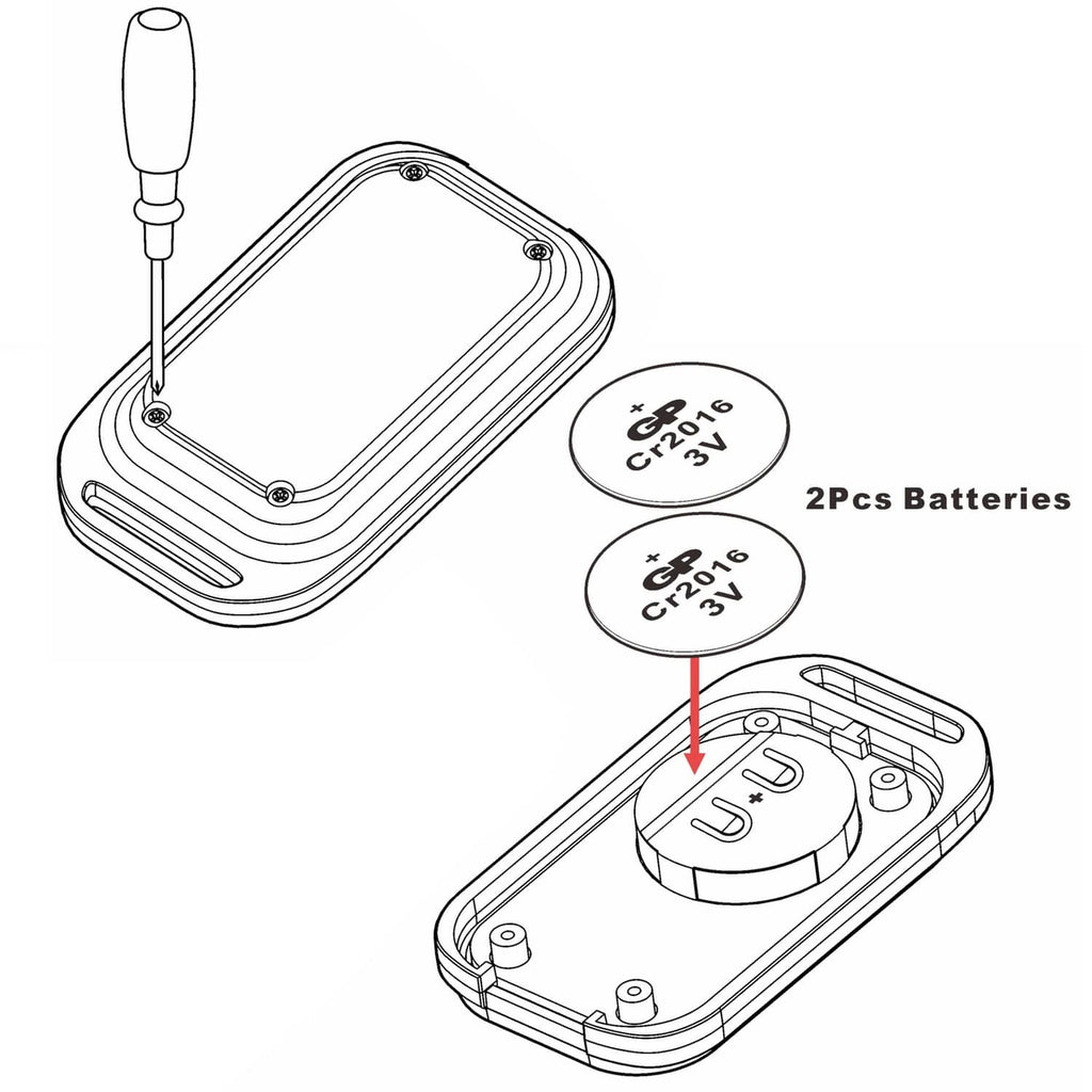 Remote control diagram showing button layout and CR2016 battery placement