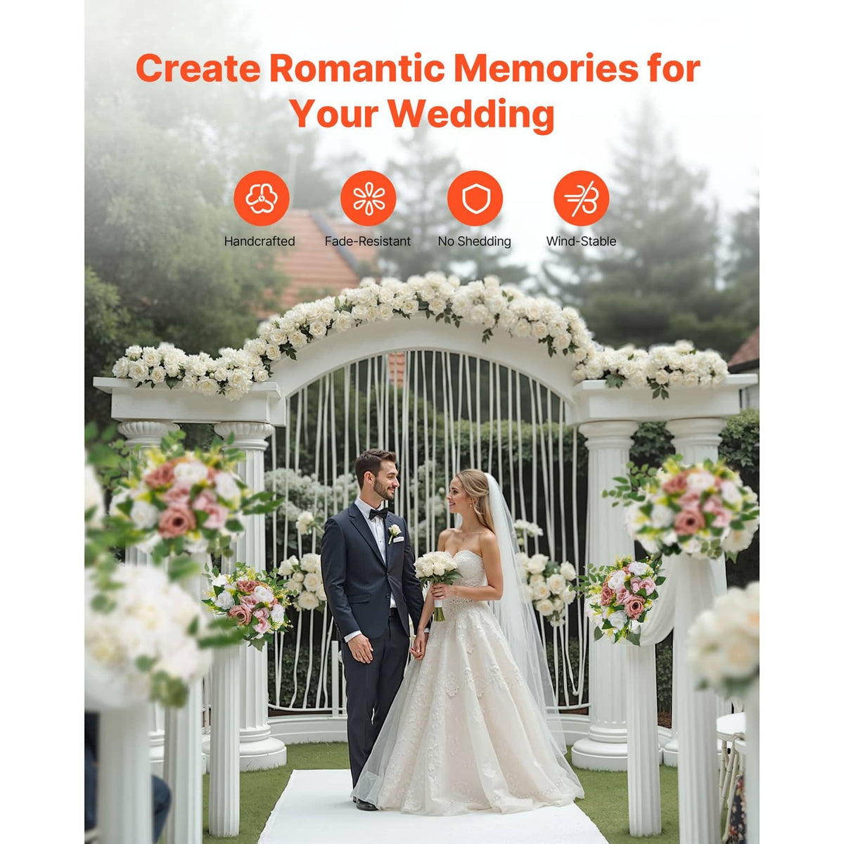 Wedding floral arch with pink and white blossoms and hanging decorations