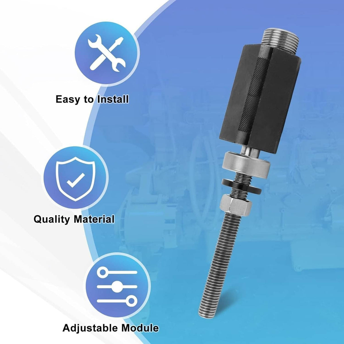 Adjustable injector sleeve installer tool with threaded rod and black driver module