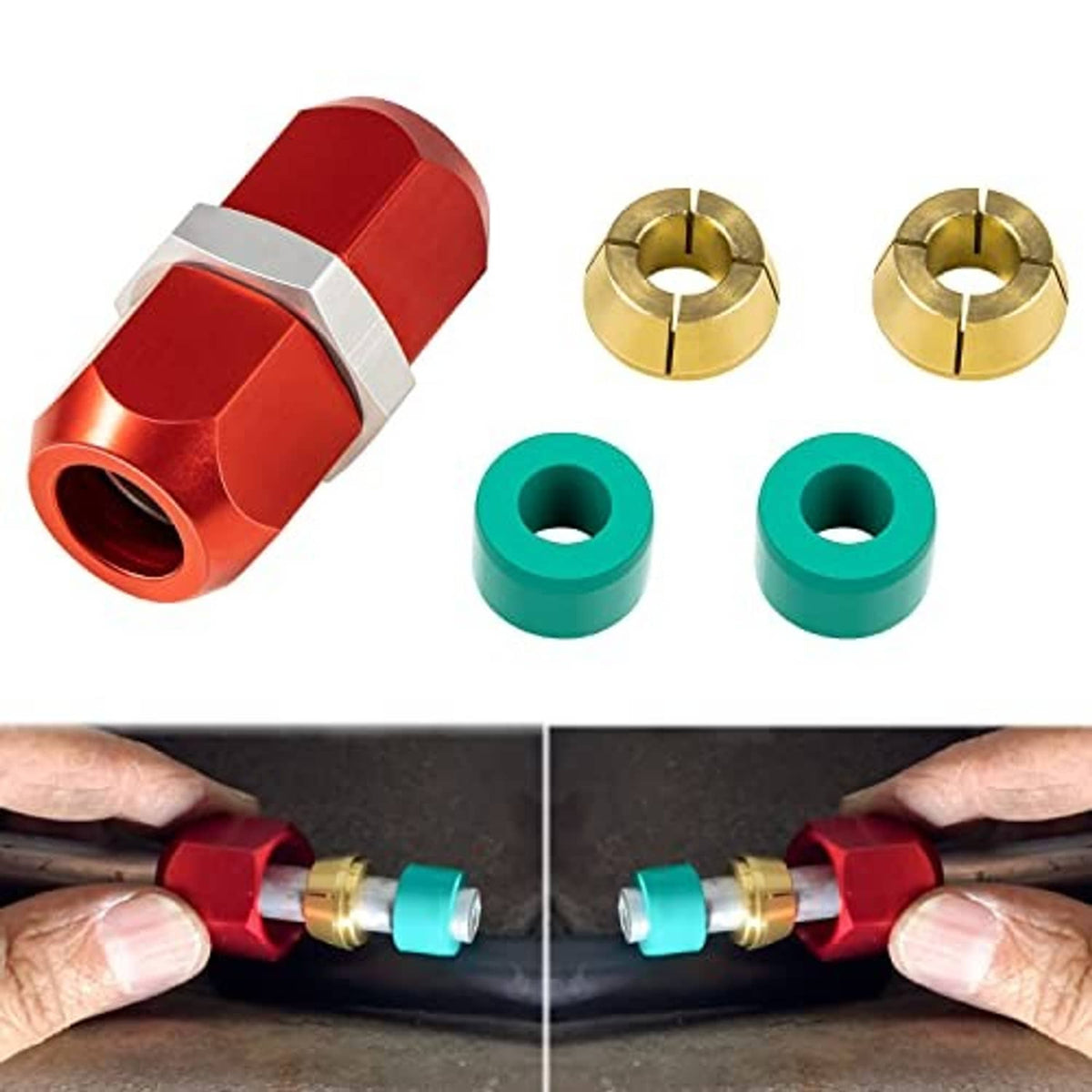 AC repair splice connector kit: red coupler, brass rings, and green seal sleeves