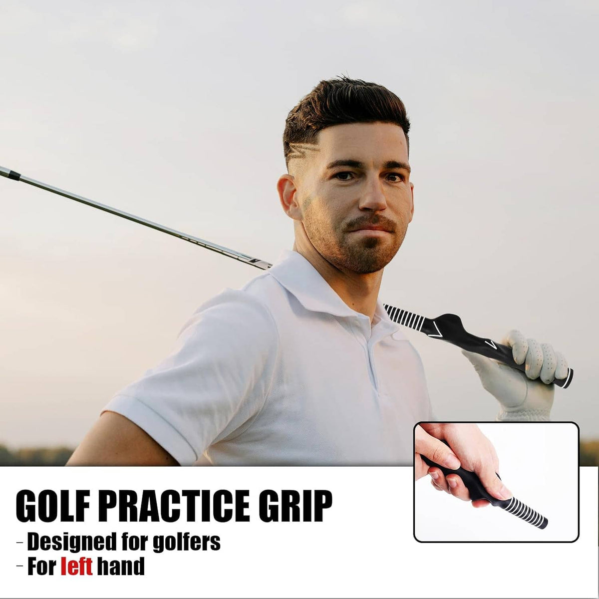 Golf practice grip for left hand on club, black anti-slip rubber with zebra stripe ends.