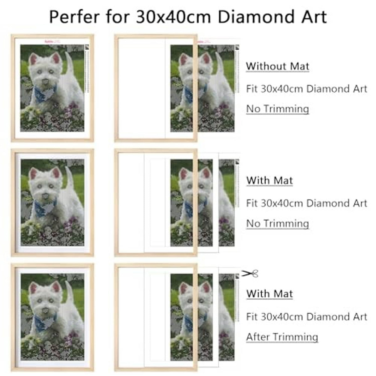 Natural wood frame display showing diamond art layout with and without mat
