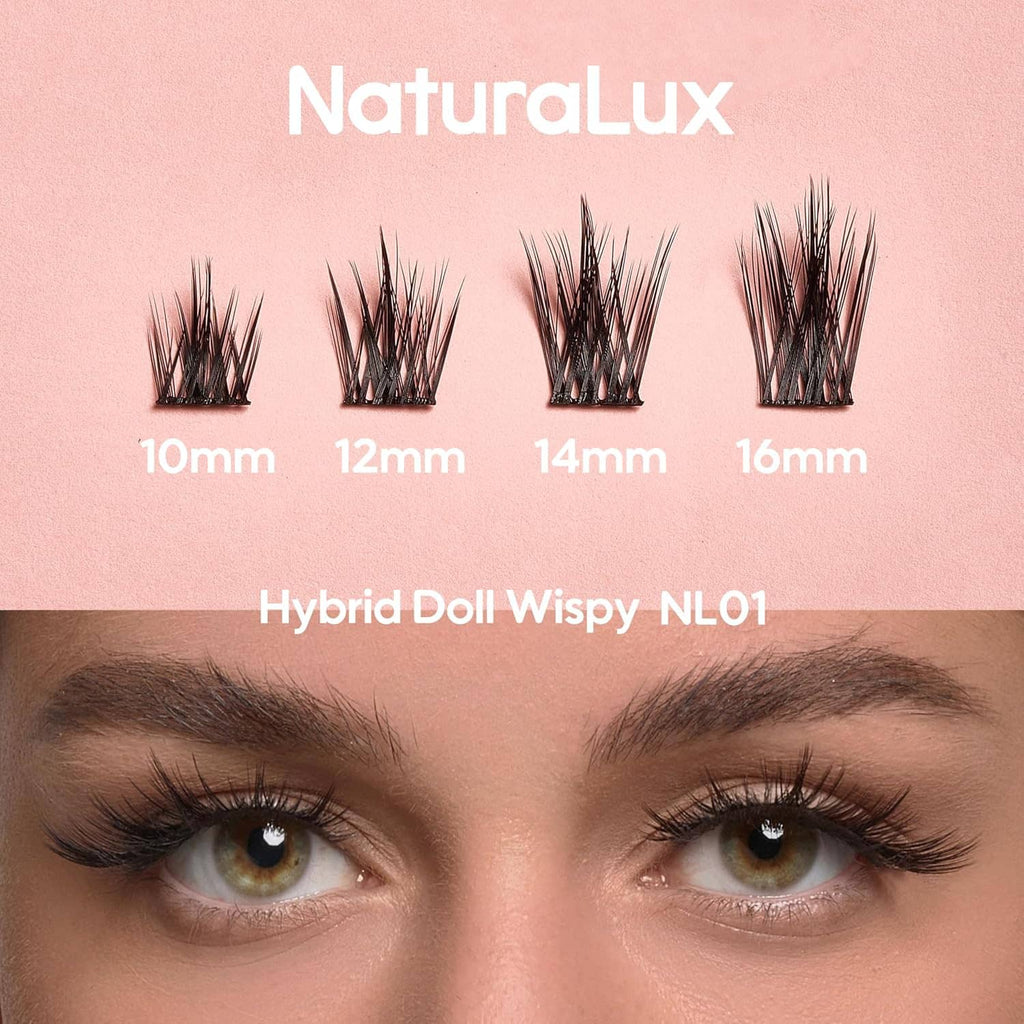 Wispy false eyelash strips with length labels 10mm, 12mm, 14mm, 16mm