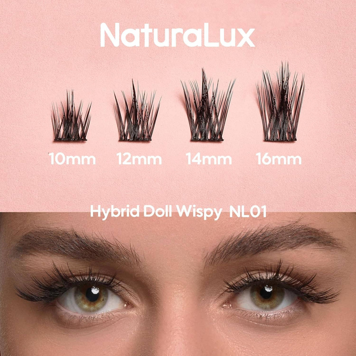 Wispy false eyelash strips with length labels 10mm, 12mm, 14mm, 16mm