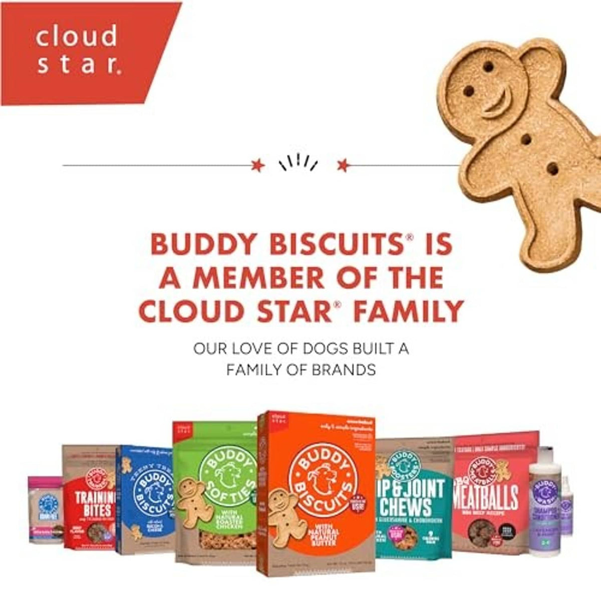 Buddy Biscuits pouch card with Cloud Star family branding and tray of treat bags