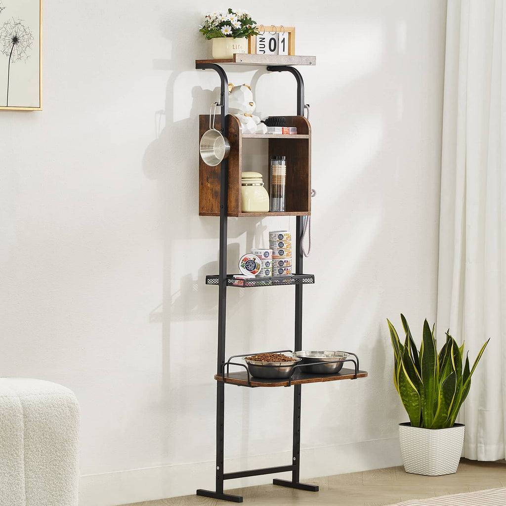 Freestanding dog feeding station with cabinet-style storage, raised two-bowl tray, black metal frame