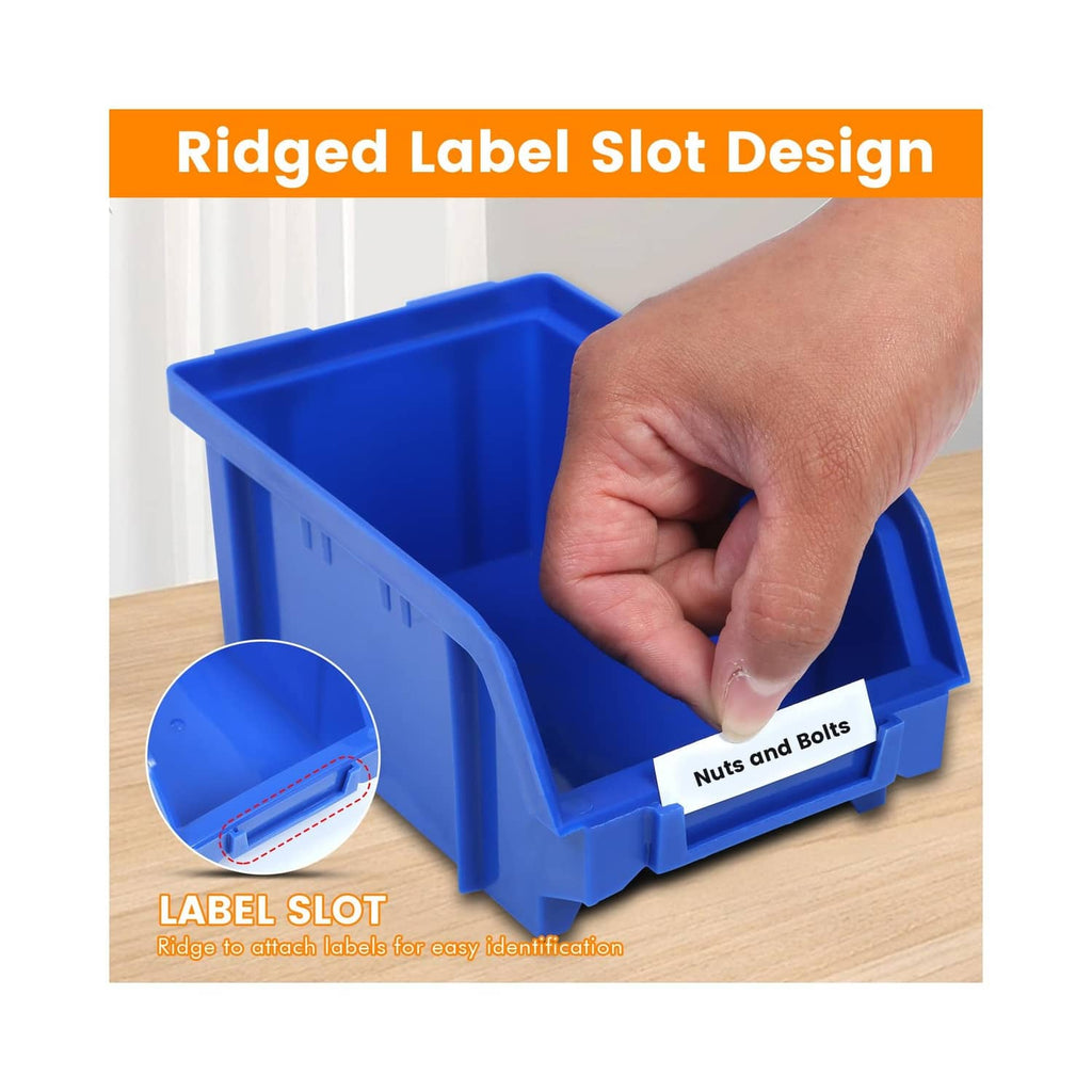 Maxworks 80694 30-bin wall-mount parts rack, blue bin with ridged label slot.