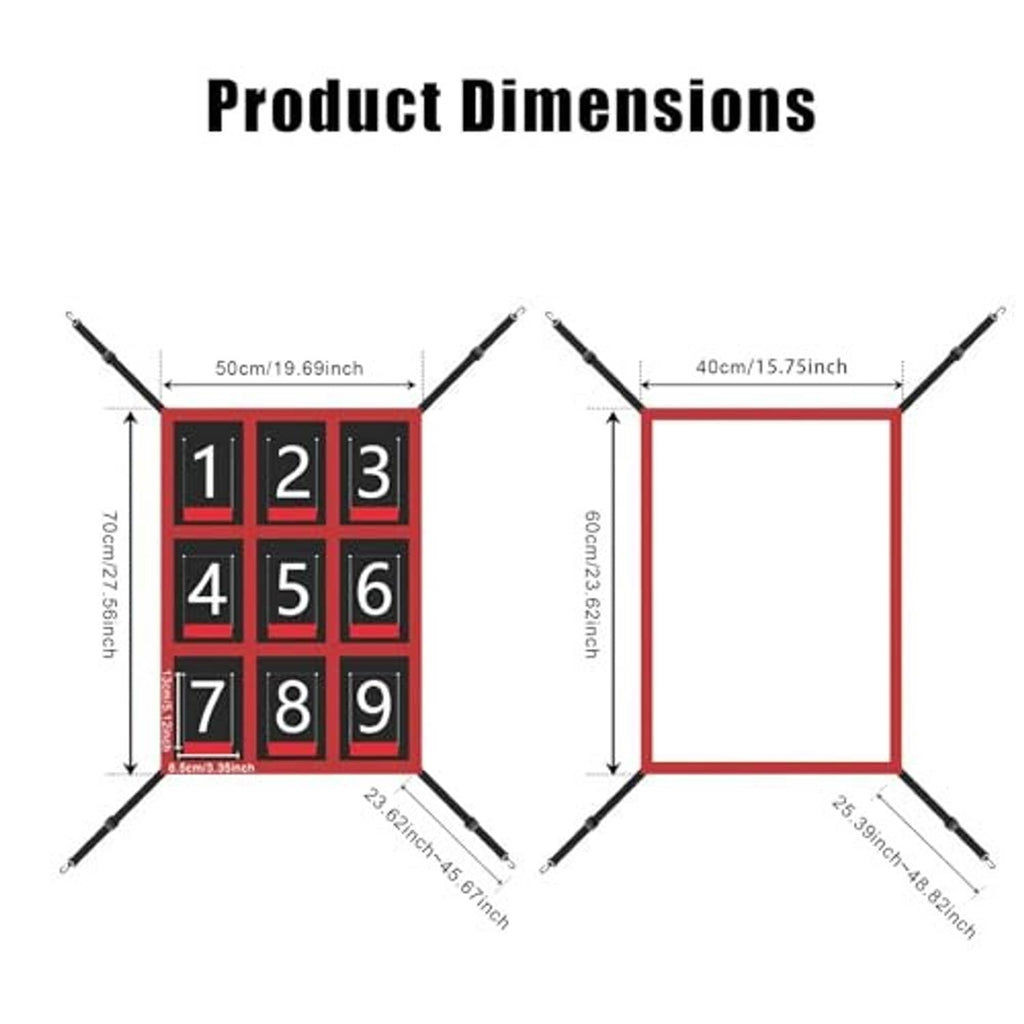 Strike zone target dimensions diagram with red 1–9 grid on rectangular frame