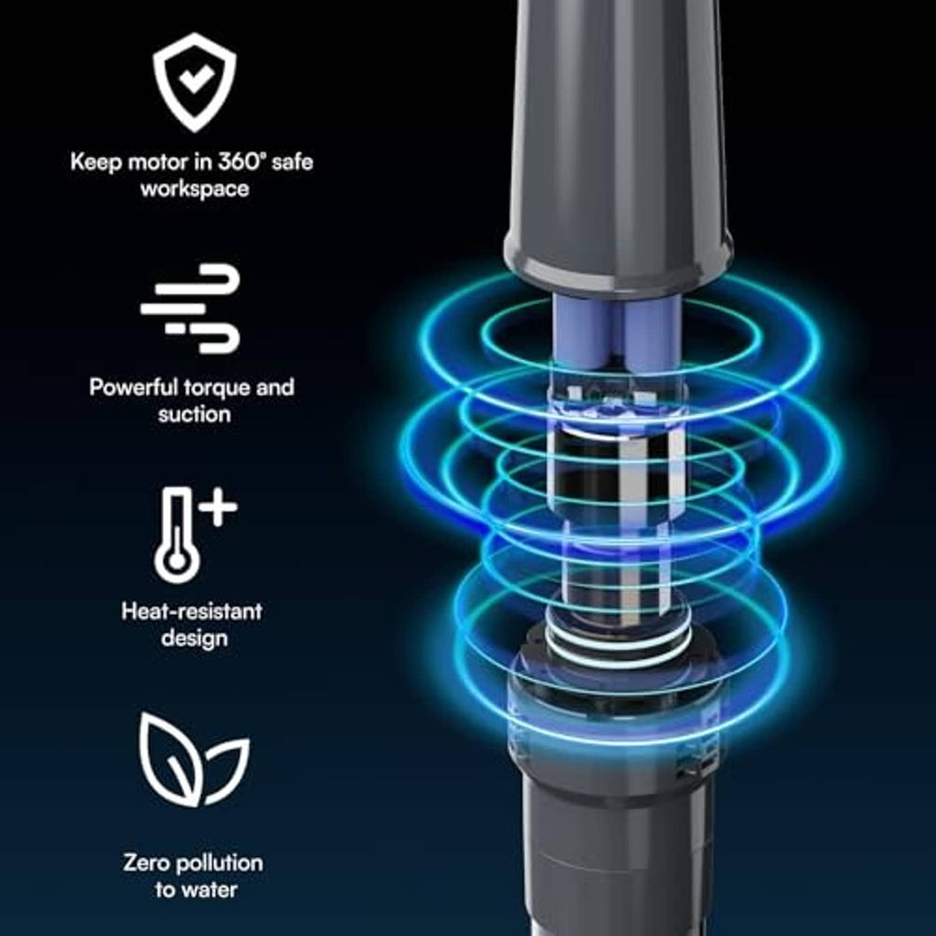Close-up of handheld pool vacuum motor section with blue-lit suction turbine